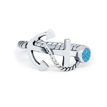 Twisted Rope Nautial Thumb Ring Lab Created Blue Opal Round 925 Sterling Silver